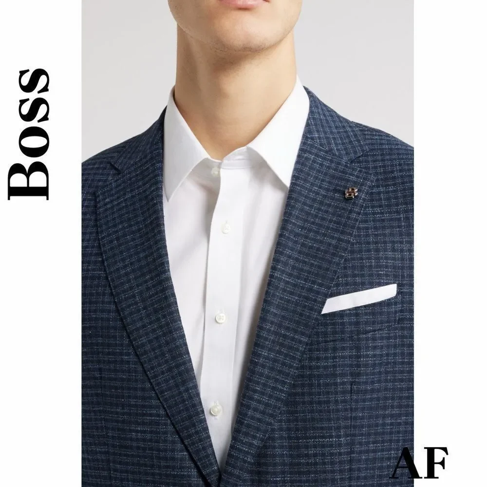Boss Hutson Men's Navy Checkered Blazer Size 46R New